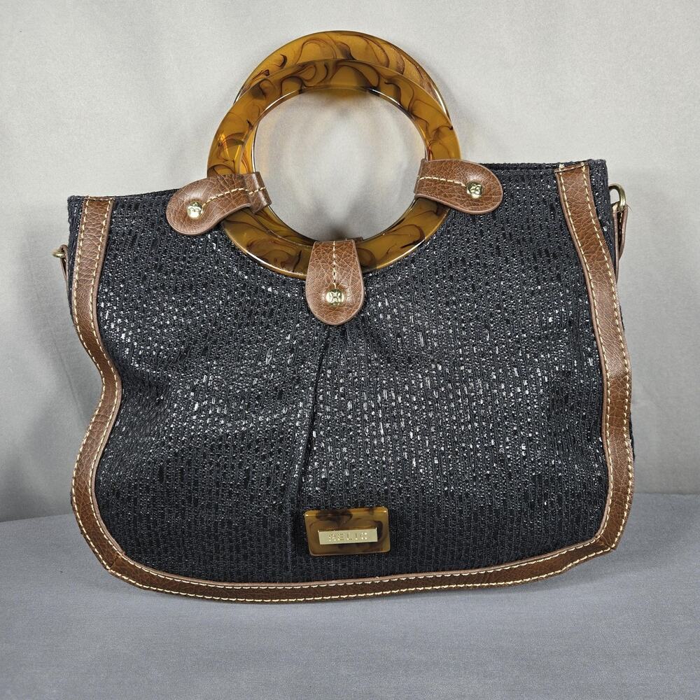 Relic‎ by Fossil Ring Handle Tote Black Woven Bag Brown Trim Tortoise Acrylic